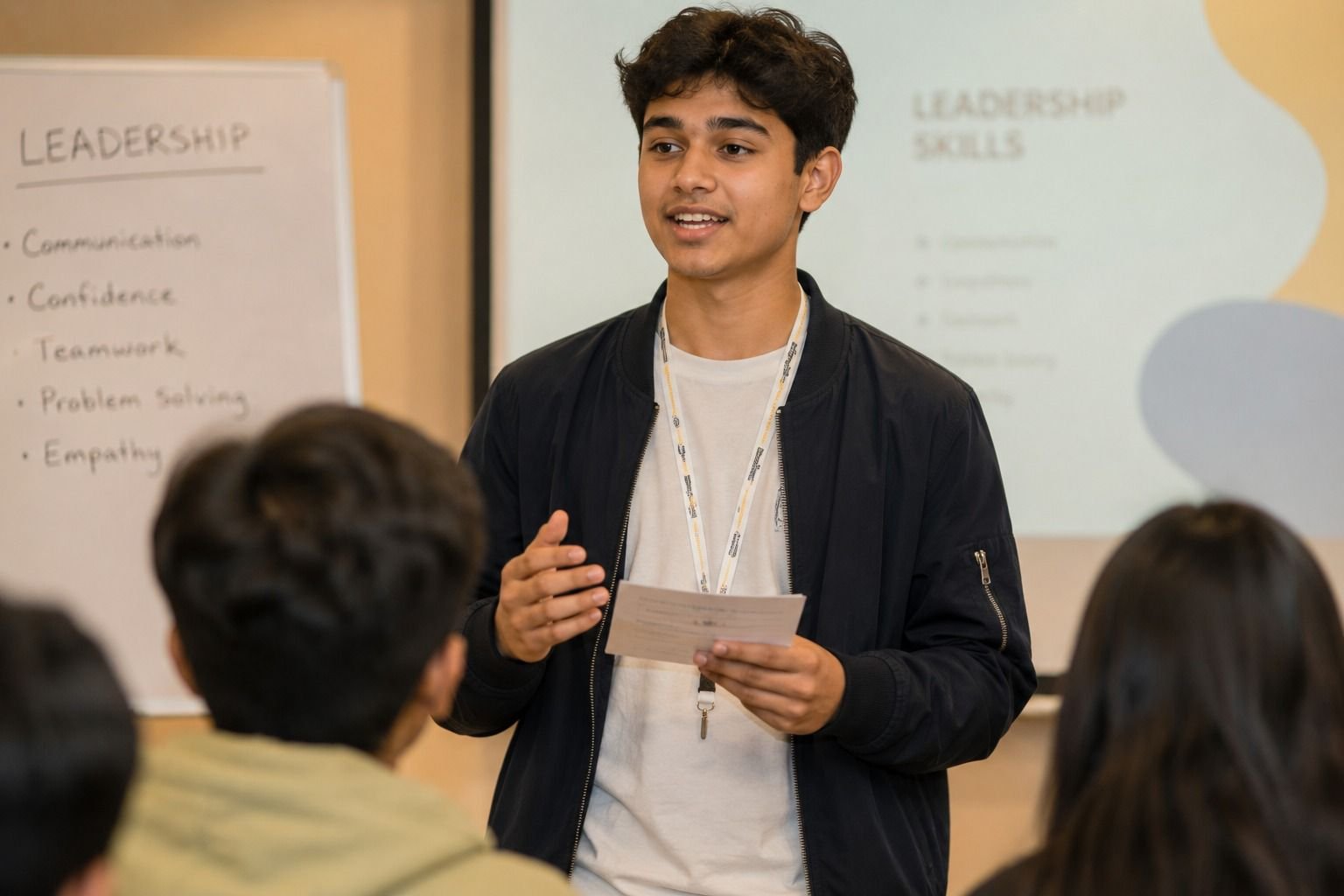 Student giving a presentation at a youth leadership seminar