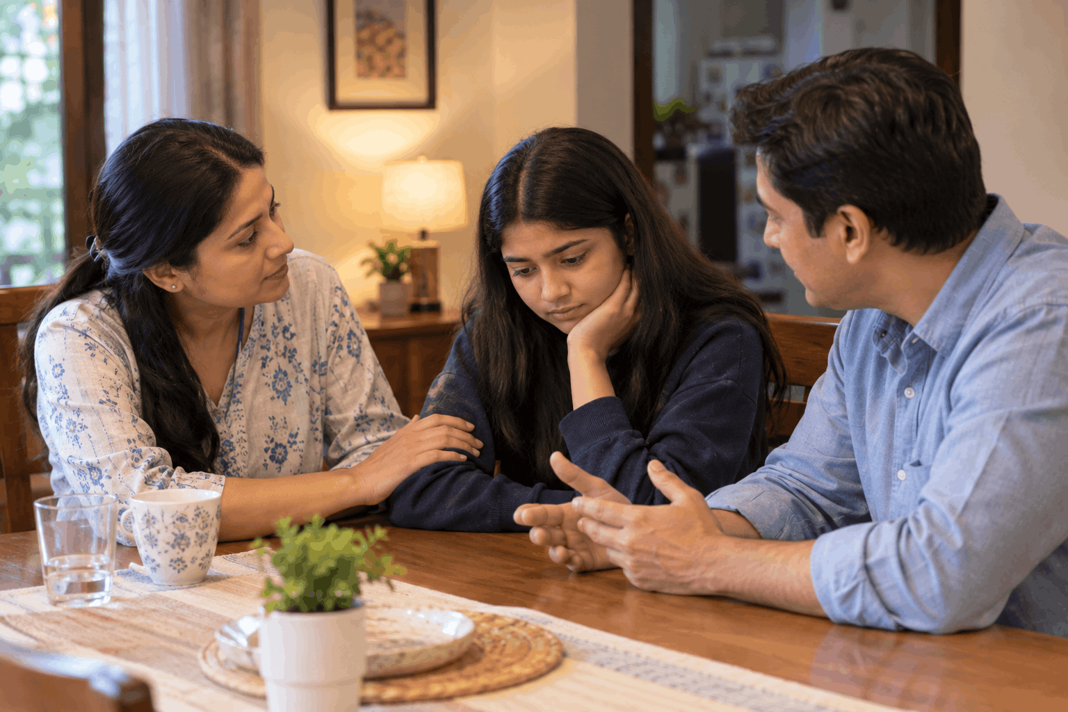 Parents supporting a child after exam failure during a family conversation