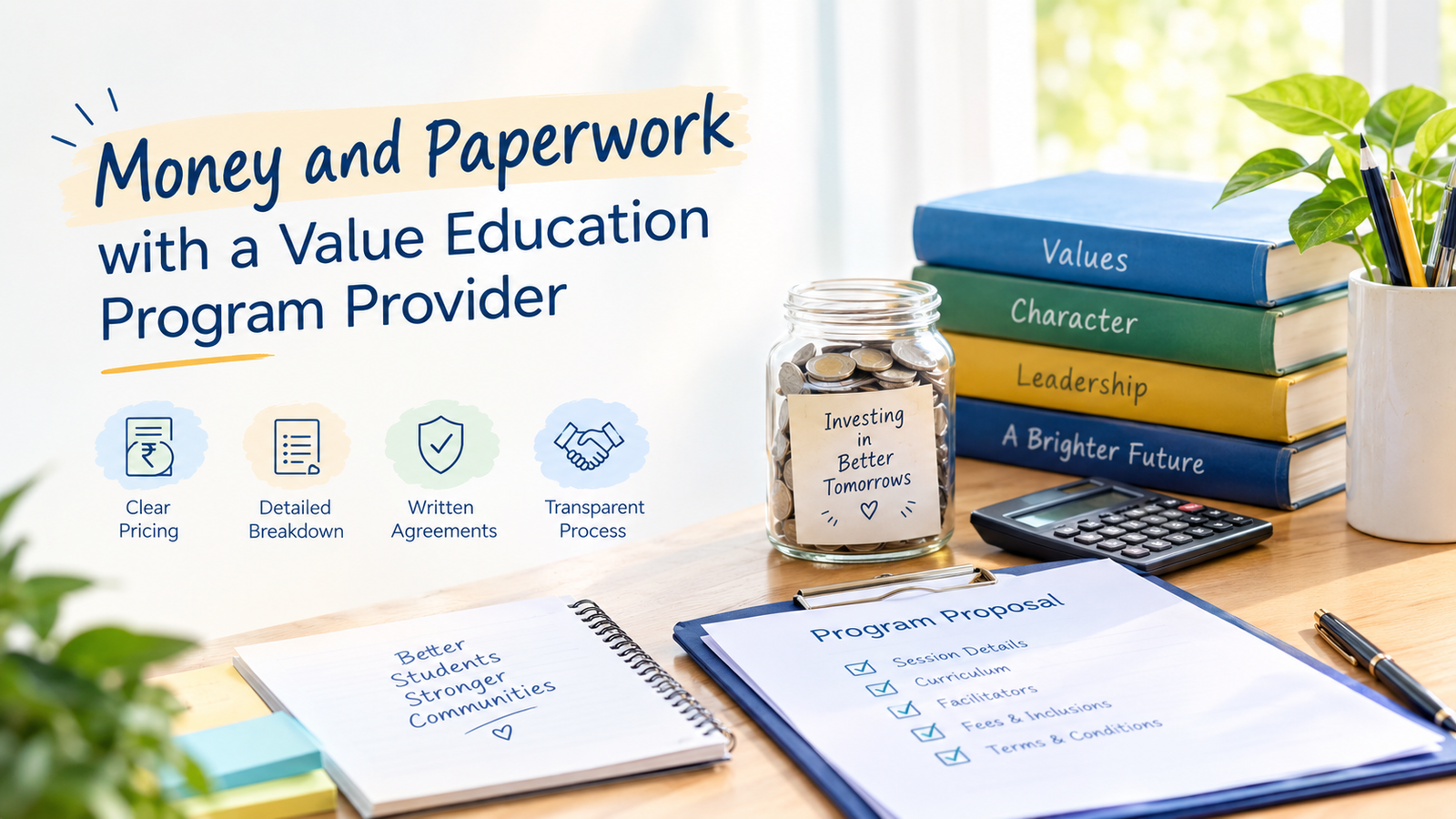 Money and paperwork with a value education program provider