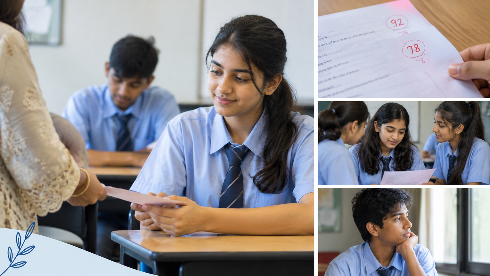 Students comparing exam scores in a classroom to illustrate student comparison anxiety and emotional wellness.