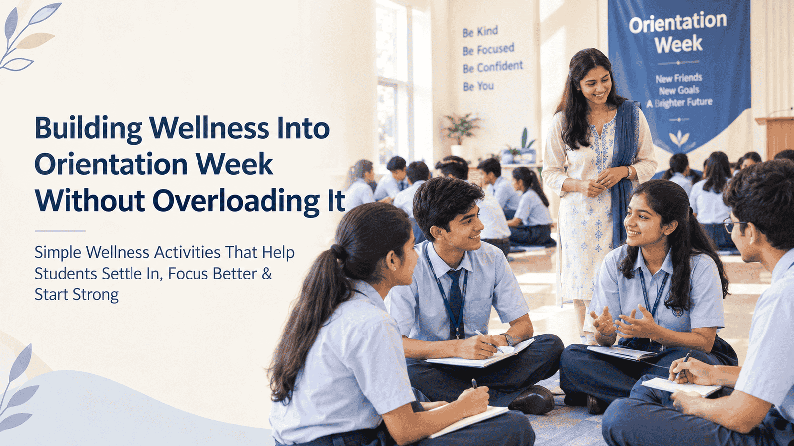 Indian students participating in a school orientation wellness activity focused on confidence, mindfulness, and student well-being.